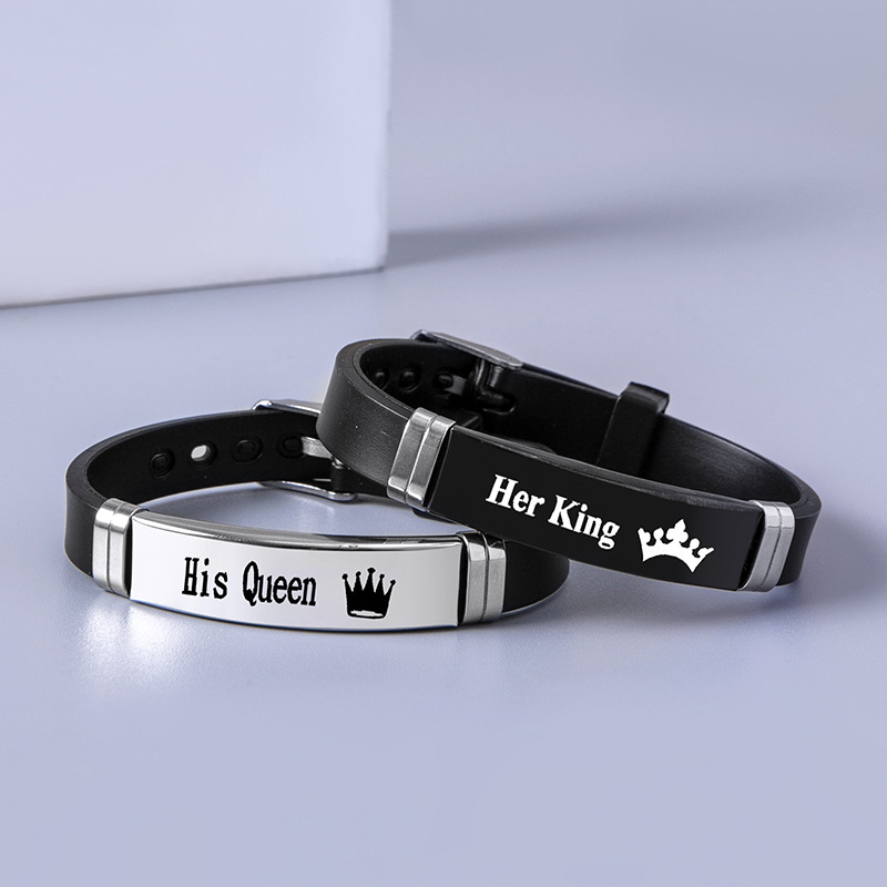 Nueva pareja corona Ker rey Hola reina carta pulsera de silicona de acero inoxidable pulsera de acero negro