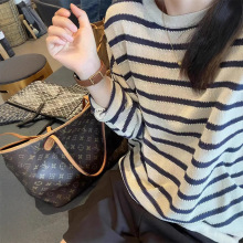 春夏新款慵懒百搭宽松显瘦天丝亚麻藏青条纹针织上衣防晒衣外套