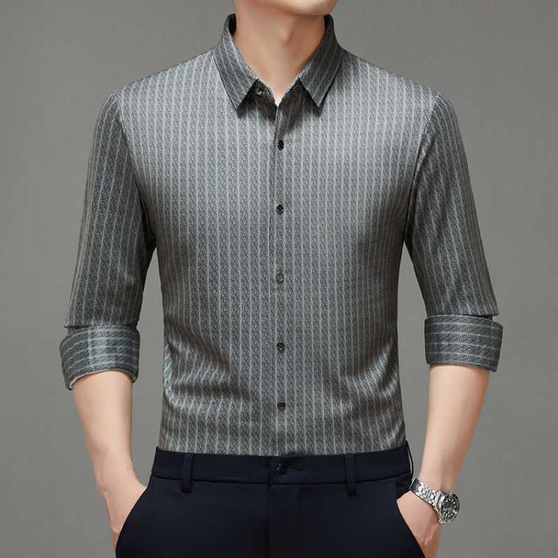 New autumn men's long-sleeve shirt with sheep wool, turn-down collar, breathable, business casual, striped, seamless men's shirt