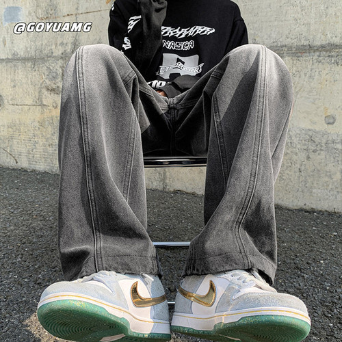 American-style hiphop pants: Winter trendy high-street black and gray denim trousers for men—loose-fit, straight-leg, and featuring a relaxed, flowing wide-leg design.