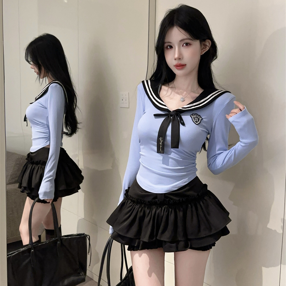 대학 스타일 JK 긴팔 최고 여성 가을 순수 달콤한 스파이스 소녀 짧은 최고급 세련된 아름다운 투피스 세트