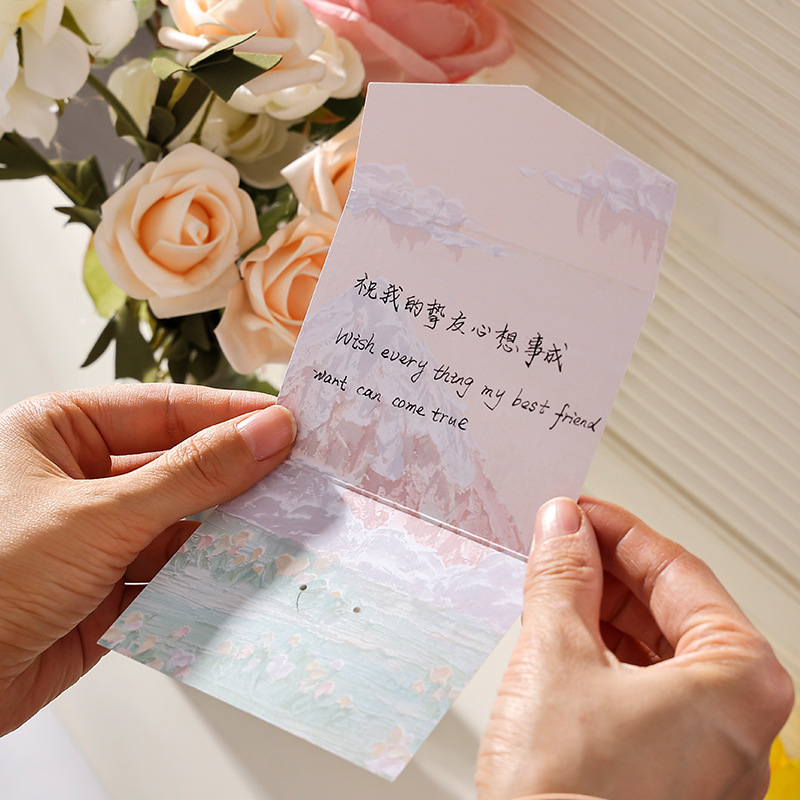 Pintura al óleo de paisaje simple sobre de tarjeta de felicitación triple ins Sense premium Festival de cumpleaños de los niños Tarjeta de mensaje en blanco de escritura a mano