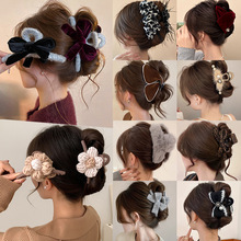 韩系复古豹纹蝴蝶结鲨鱼夹女秋冬毛茸茸百搭后脑勺盘发抓夹发饰品