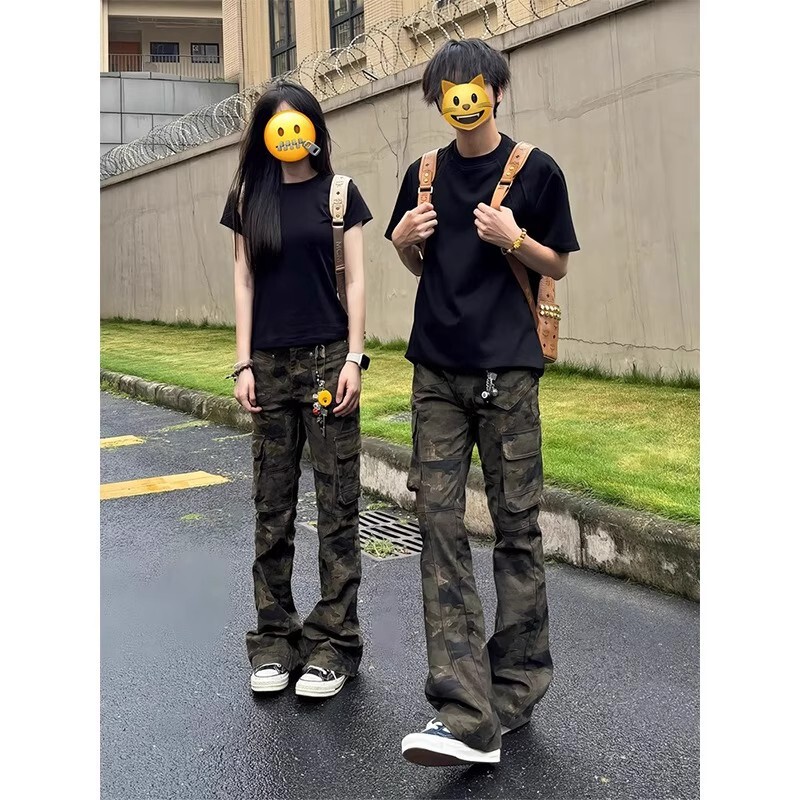 American High Street Retro Camouflage Work Pants for Men, Autumn Vibe Straight Pants, Cleanfit Slightly Flared Jeans