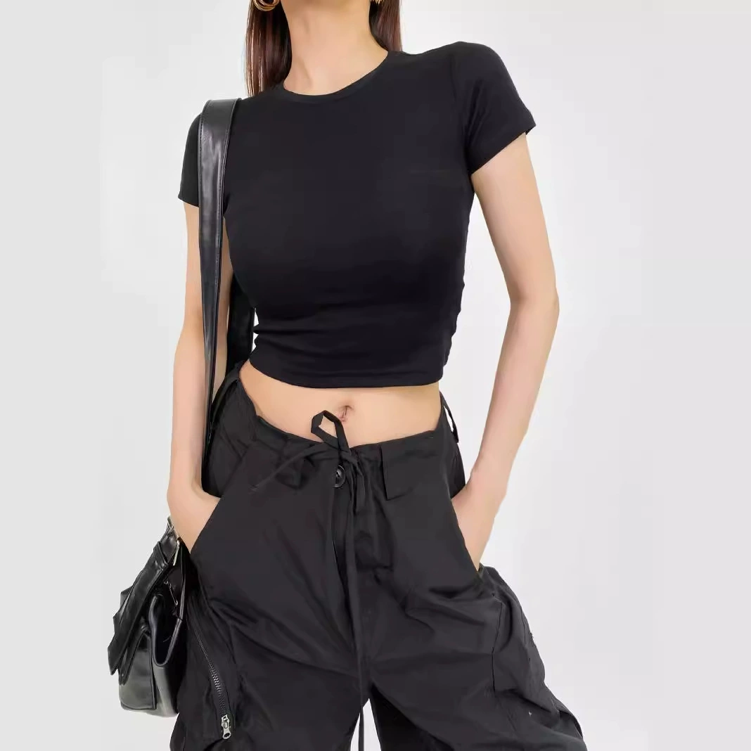 Трансграничная женская оптовая продажа европейского и американского ветра эластичная основа, дикая футболка с короткими рукавами