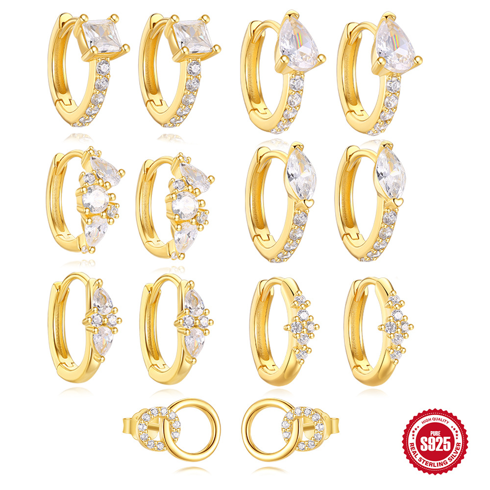 欧美时尚热销百搭s925纯银日常佩戴简约镶钻四方形单钻耳圈耳饰女