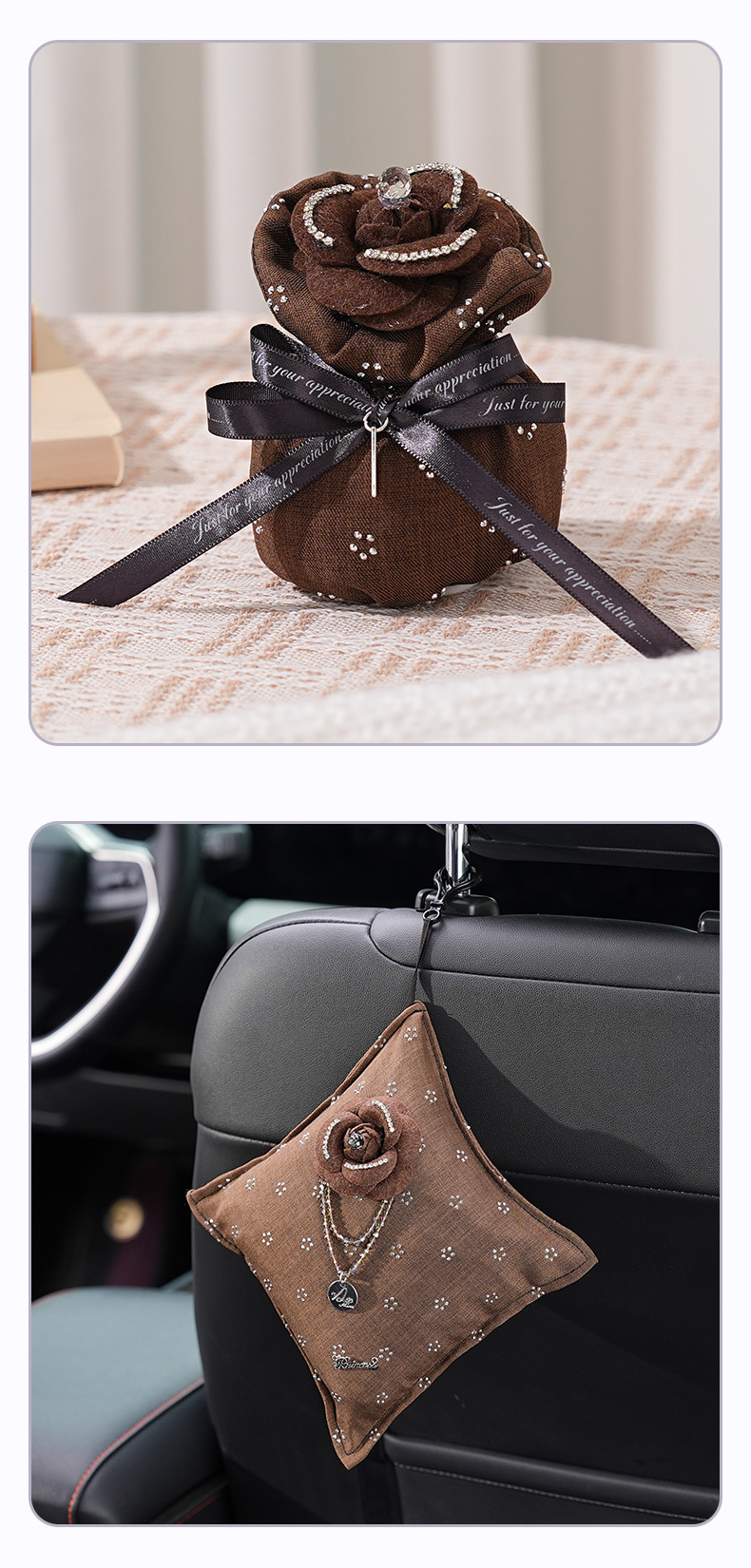 Camellia Car Bamboo Charcoal Bag New Model with Rhinestones Car Decoration Ornament New Car Odor Removal Activated Carbon Bag for Car Interior Use