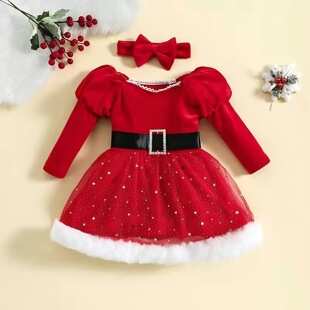 Foreign trade children's Christmas new dress 2023 bubble sleeve star mesh princess dress + bow