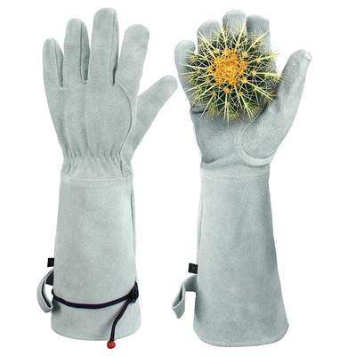 cowhide long and tube-shaped gardening glove Stab prevention glove Labor insurance glove protect gardens glove Garden construction site glove