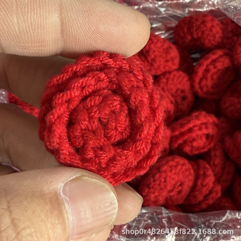 成品手工编织玫瑰花小红花仿真花diy毛线花半成品花毯配件情人节|undefined