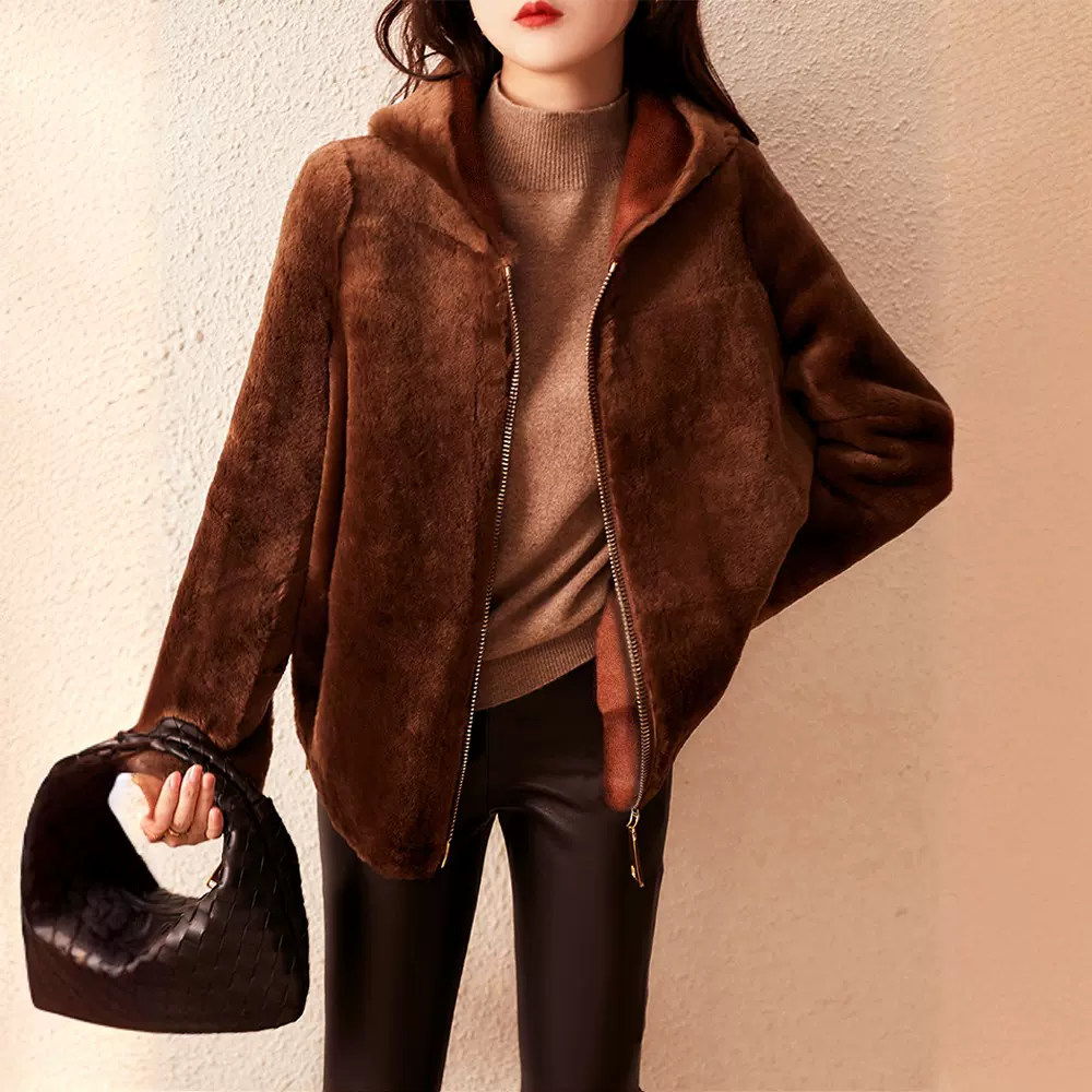 100%羊毛颗粒连帽宽松羊剪绒皮草女秋冬新款羊羔毛外套厂家批发
