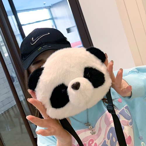New cartoon 3D panda head bag, cute plush toy shoulder bag for girls, furry coin purse, direct factory sale