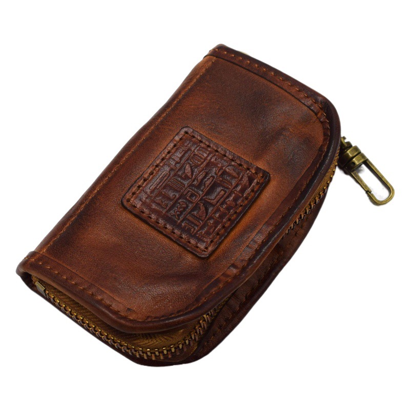Handmade Color Washed Vegetable Tanned Cowhide Multi-functional Large Capacity Door Car Key Case Japanese Vintage Storage Bag