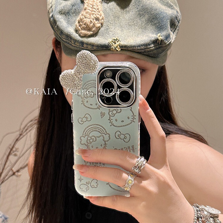 奶蓝色HelloKitty满钻蝴蝶结适用iPhone15promax苹果14手机壳13潮|undefined