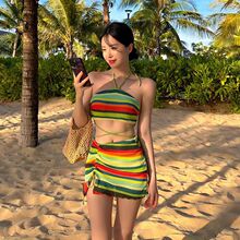 针织彩虹撞色多巴胺穿搭泳衣女2025新款高级感分体纯欲比基尼套装