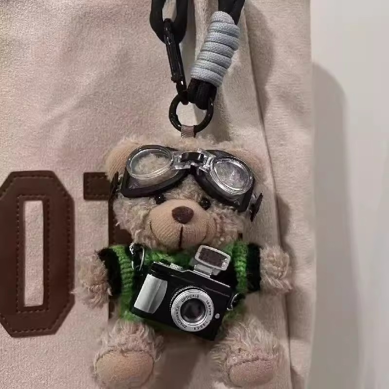 Cámara flash osos colgantes bolsos de peluche muñeca tela muñeca pareja llaveros regalo de cumpleaños creativo