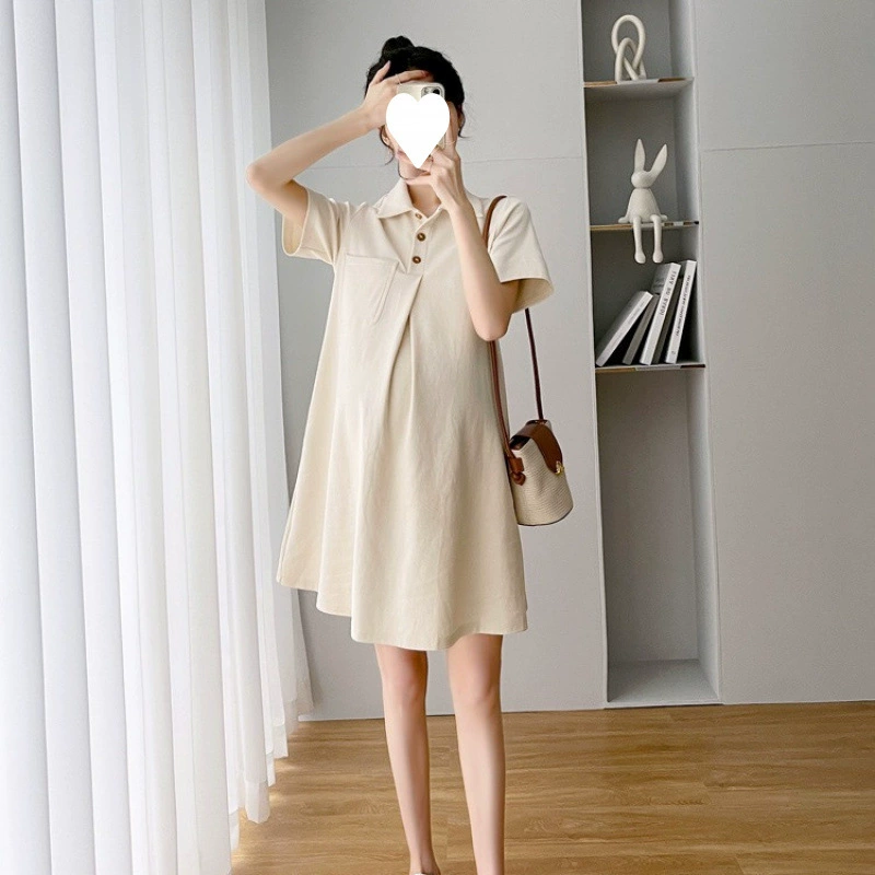 Summer clothing for pregnant, dress, summer skirt, western style, polo collar, with short sleeve, for teenagers, internet celebrity