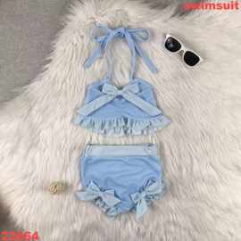 欧美精品店童装外贸批发天蓝色蝴蝶结女孩可爱夏季泳衣套装