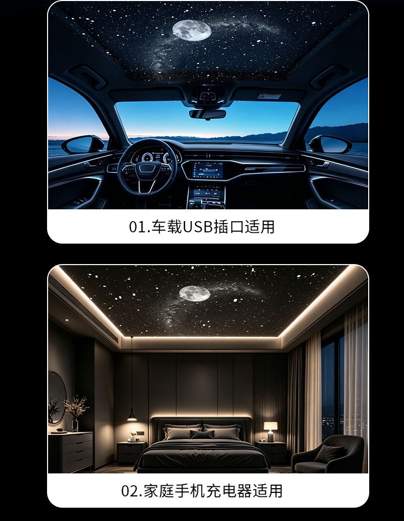 Cross-border best-selling USB starry sky projector lamp, suitable for car interiors, homes, bedrooms, and as a romantic galaxy ambient light