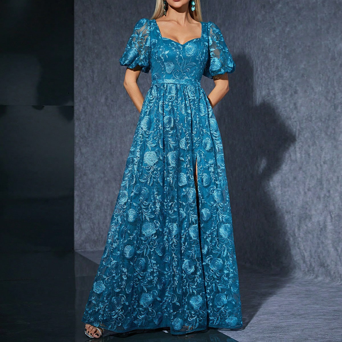 Amazon comercio exterior azul burbuja manga dulce vestido de fiesta de cumpleaños foto vestido de diseño bifurcado