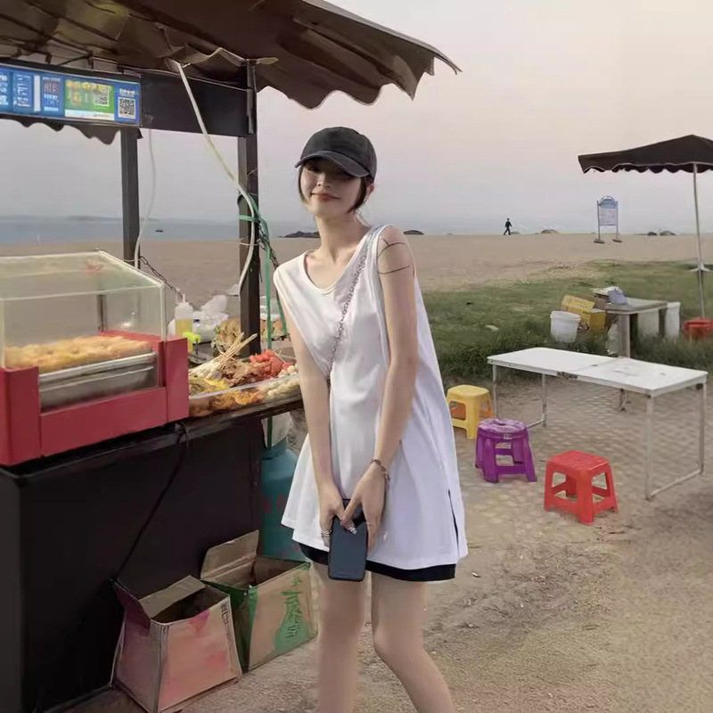 White Sleeveless T-shirt Women's Summer Outer Wear Design Sense Niche Inner Top Retro Split Long Sports Vest