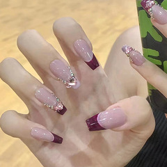Summer new arrival: Long-style rhinestone nail tips in powder, sheer, and heart-shaped designs—available in burgundy with French-edge accents. Wholesale options available!