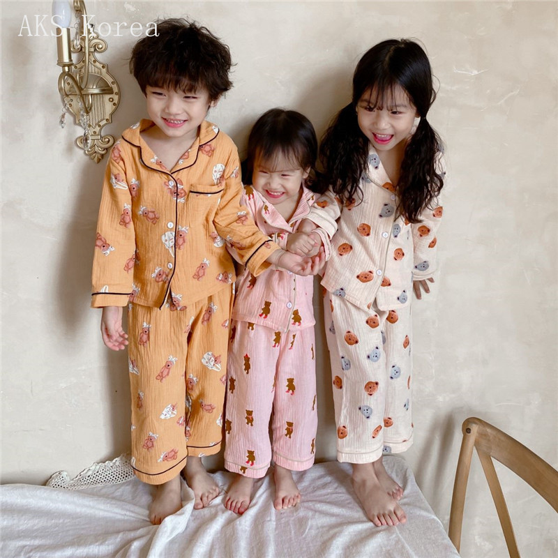 인즈 아동 잠옷, 봄, 가을 가디건 바지, 야외에서 입을 수 있는 면 거즈 베어 투피스 세트, 인터넷 연예인 홈카툰 슈트