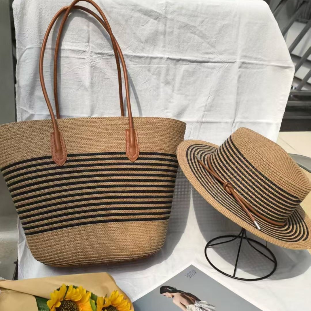 New Summer Striped Single Shoulder Commuting Straw Woven Bag, New Large Capacity Casual And Fashionable Women's Beach Tote Bag_voghion.com