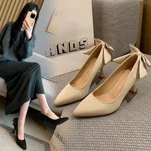 020412-22-23法式尖头单鞋2026新款蝴蝶结细跟高跟鞋加宽大码女鞋
