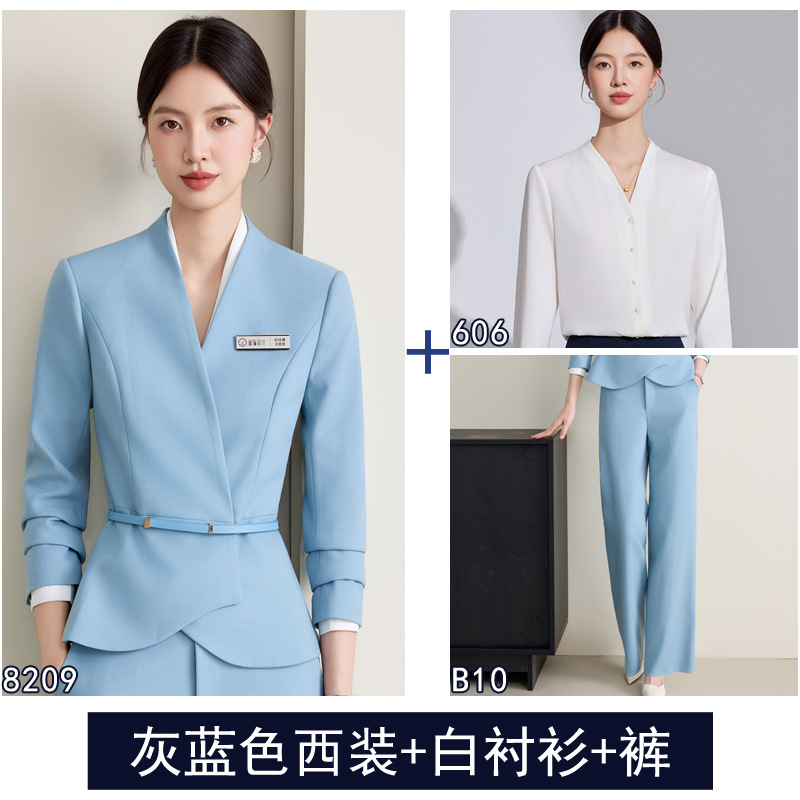 Gray blue suit + pants + white shirt