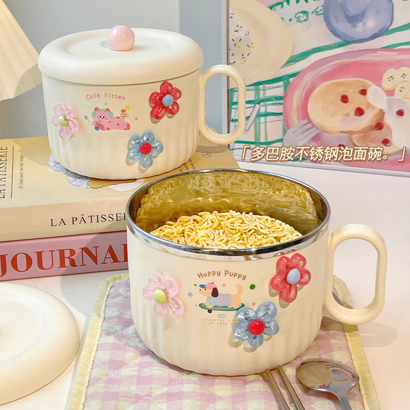 Large-Capacity Instant Noodle Bowl, Cute Stainless Steel Bowl with Lid and Handle, Suitable for Home Use, Student Dormitories, and High Aesthetic Value for Girls Large-Capacity Instant Noodle Bowl, Cute Stainless Steel Bowl with Lid and Handle, Suitable for Home Use, Student Dormitories, and High Aesthetic Value for Girls