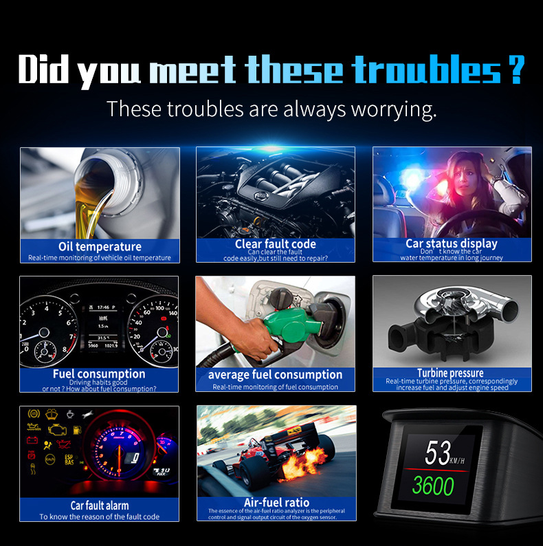 HUD Head-Up Display P10 Car LCD Speedometer Turbo Pressure OBD2 Multifunctional HUD Instrument