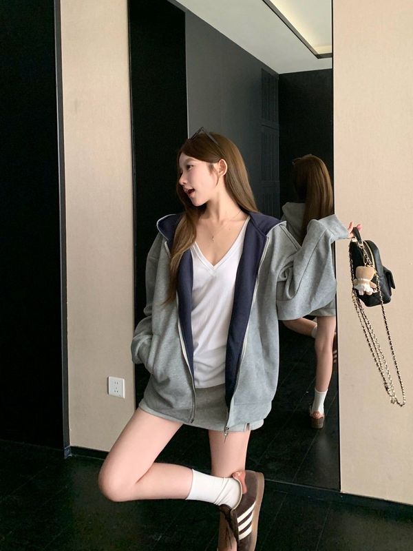 自家工厂现货 美式复古双拉链撞色连帽卫衣宽松休闲慵懒外套上衣|undefined