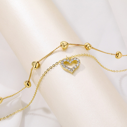 韩国金色爱心双层项链女气质冷淡风设计感锁骨链个性网红颈链