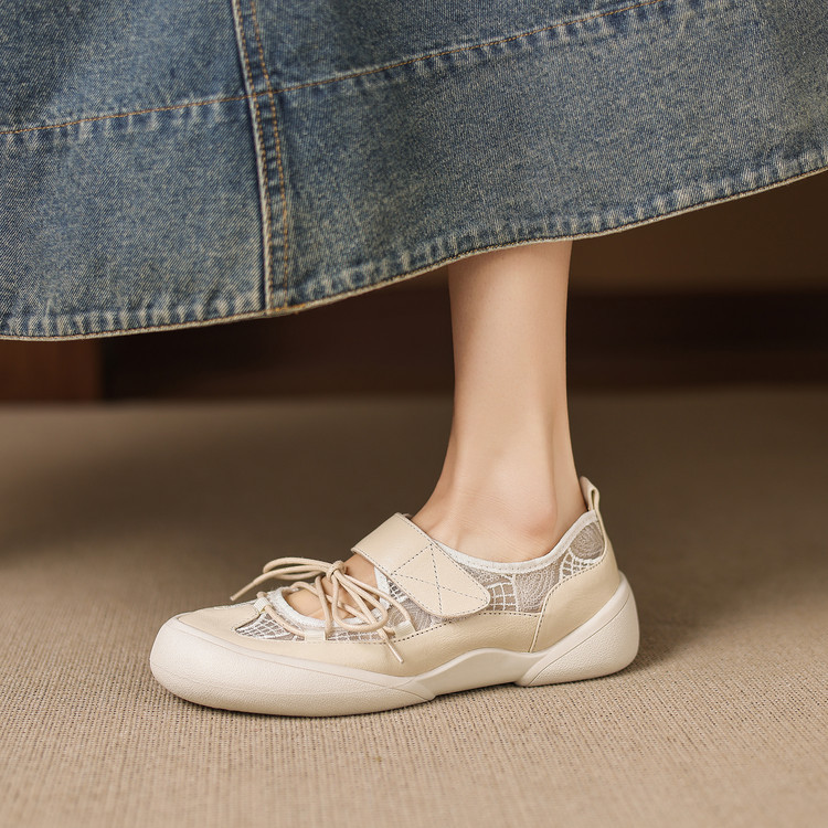 Giày sneaker nữ đế dày ren lưới phối màu cổ thấp — màu trắng ngà chi tiết 57