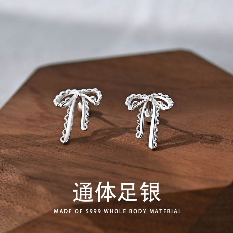 S999足銀啞光銀色縷空甜美精緻耳飾女小眾設計絲帶芭蕾風蝴蝶結款