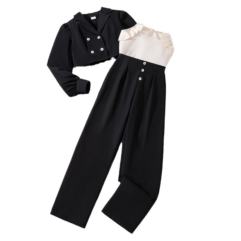 CUHK Autumn Children's Clothing New Strap Top+Long Sleeve Coat+Pants Girls' Set_voghion.com