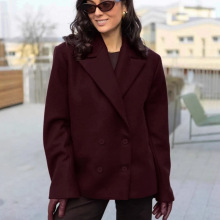 欧美跨境秋冬复古酒红色长袖修身小西装外套女通勤时尚双排扣西服
