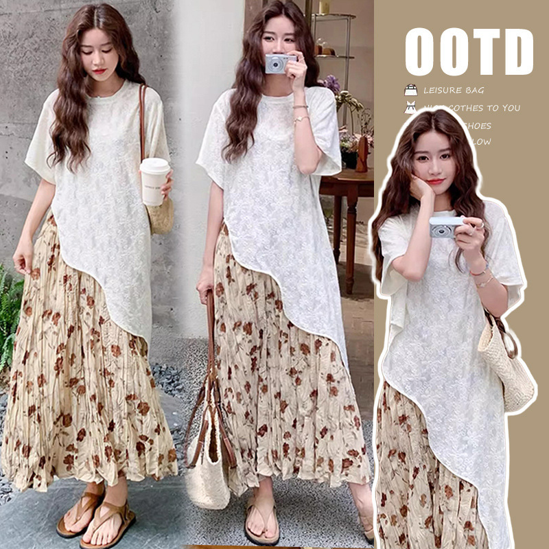 Spot Picture Processing ~ 2025 New Maternity Wear Lace Blouse Layered Floral Suspender Dress Two-Piece Set