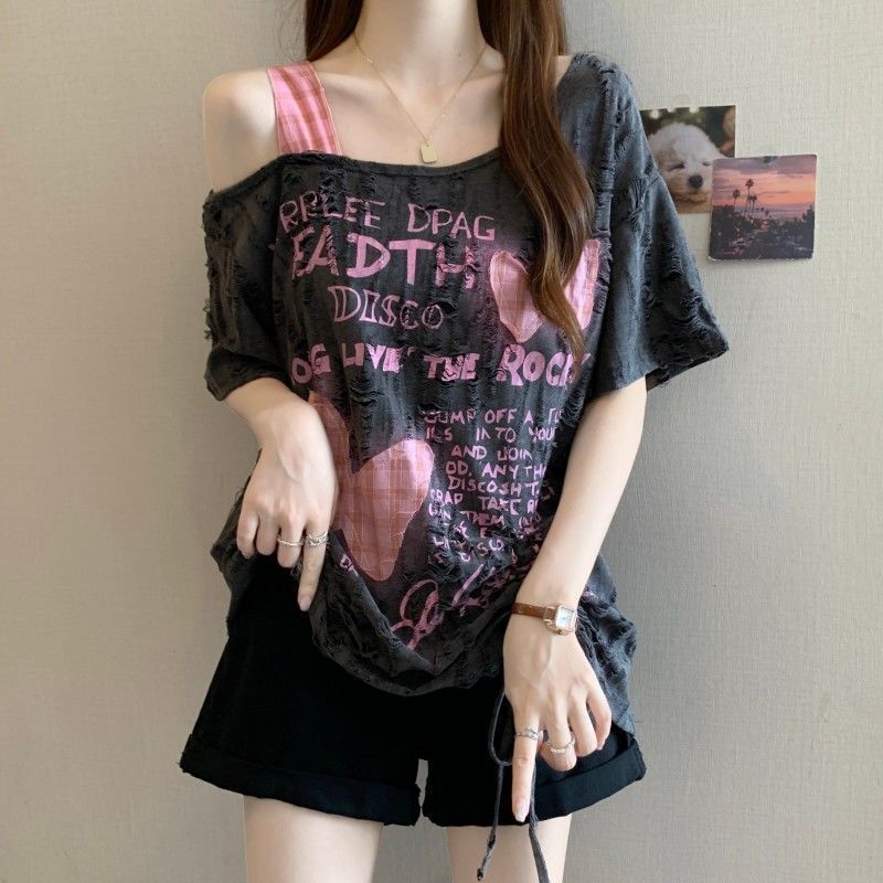 大码重工破洞蝴蝶贴布抽绳短袖t恤女2025春夏新款宽松显瘦上衣女|undefined