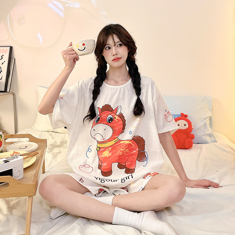 New Style Pajamas for Women, Summer Short-Sleeved Shorts Set, Cloud Cotton Cartoon, Korean Loose Fit New Style Pajamas for Women, Summer Short-Sleeved Shorts Set, Cloud Cotton Cartoon, Korean Loose Fit