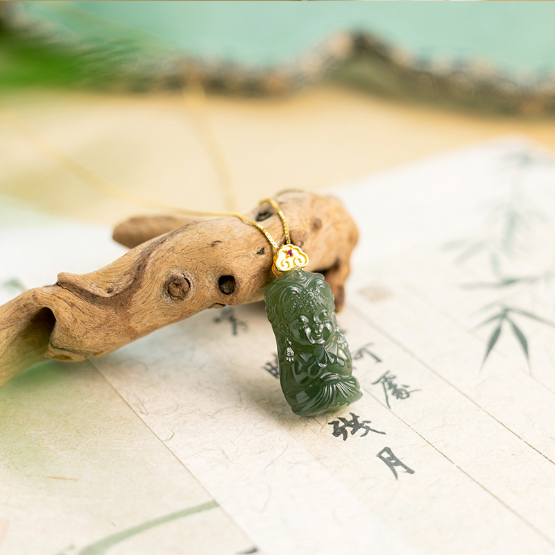 天然和田玉扎基拉姆吊坠S925银项链挂件吊坠绿度母颈链国风轻奢款
