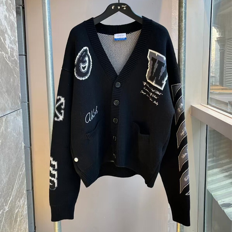 Fashion Street Style Off Ow Autumn and Winter Top-Notch Arrow Logo Round Neck Knitted Wool Cardigan Sweater Unisex Fashion Street Style Off Ow Autumn and Winter Top-Notch Arrow Logo Round Neck Knitted Wool Cardigan Sweater Unisex