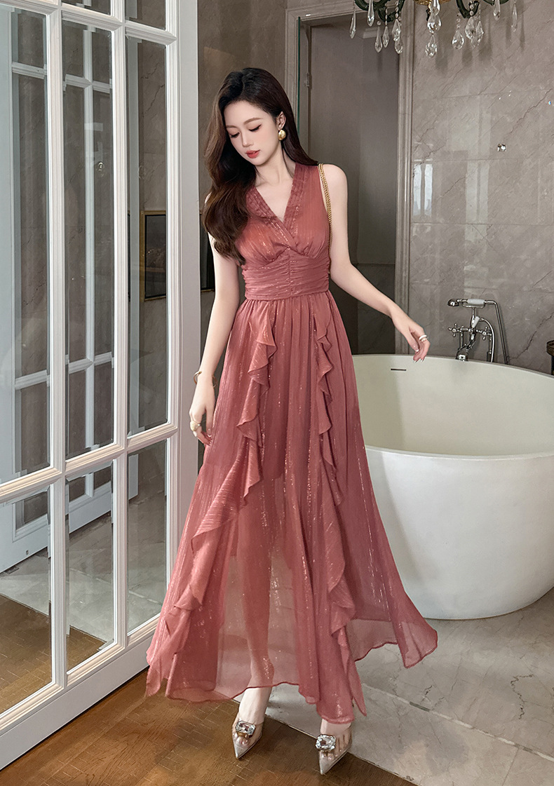 Váy maxi đi biển phong cách Pháp cổ chữ V eo thon dáng bất đối xứng chất liệu voan — Màu đen chi tiết 7