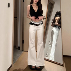 美式vintage白色低腰微喇牛仔裤女宽松显瘦辣妹高个子加长拖地裤