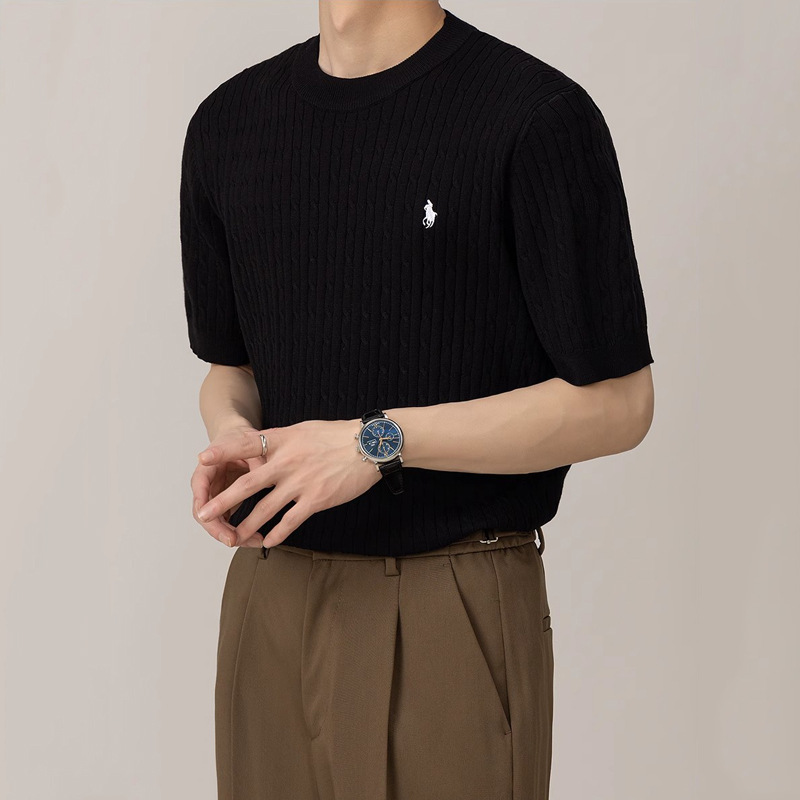 Camiseta de punto de manga corta camiseta masculina marcas de caballo bordadas viejas flores de negocios de hielo seda fábrica de verano transfronteriza al por mayor