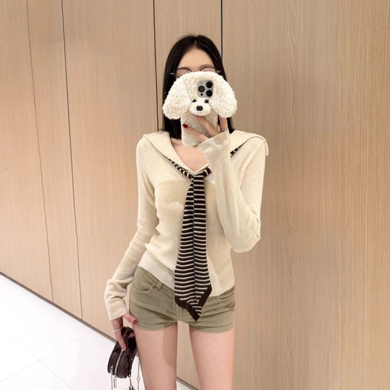 Navy Collar Korean Style Knitted Sweater for Women Early Autumn Slim Waist Slimming Look Stripesd Shawl Fake Two-Piece Long-Sleeved Elegant Top