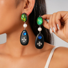 欧美树脂珍珠木块椭圆形十字架银针耳环民族风复古个性高级感耳饰