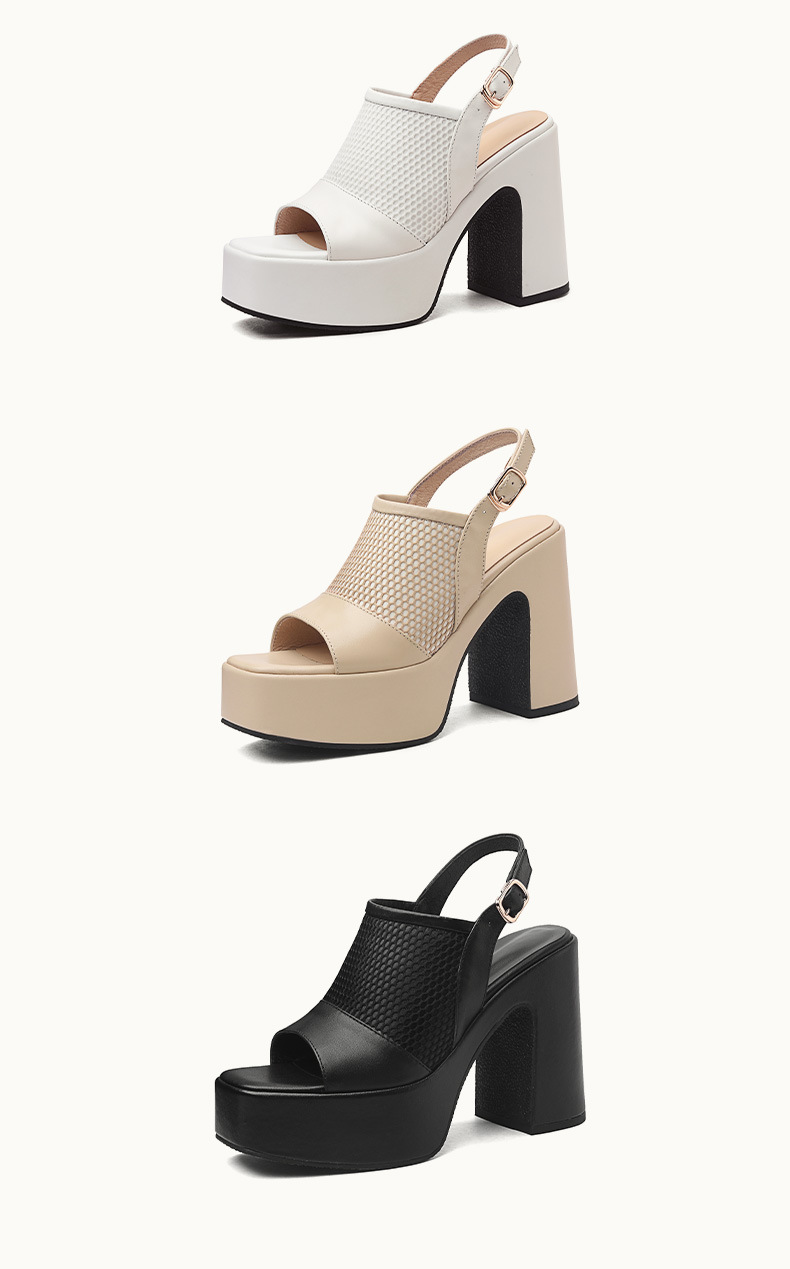 Sandal cao gót nữ hở mũi đế xuồng da thật gót thô 9 cm — màu đen, màu trắng ngà, màu mơ chi tiết 9