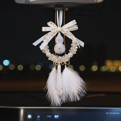 New Style Fulu Gourd Car Safety Pendant Rearview Mirror Hanging Ornament with a High-End Feel for Car and Electric Vehicle Interior Decoration (Car hanging) - pearl-gourd-pendant-white-feather-pendant